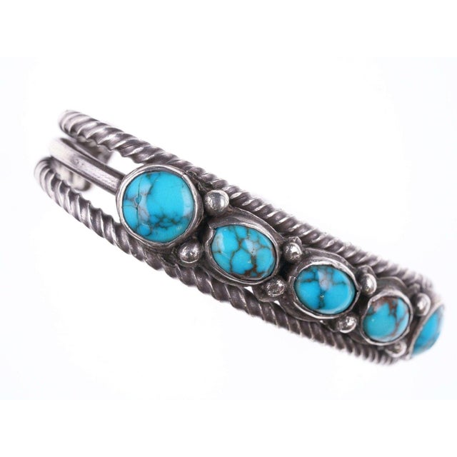 C1950's Bisbee Turquoise Native American Silver Bracelet For Sale - Image 4 of 9