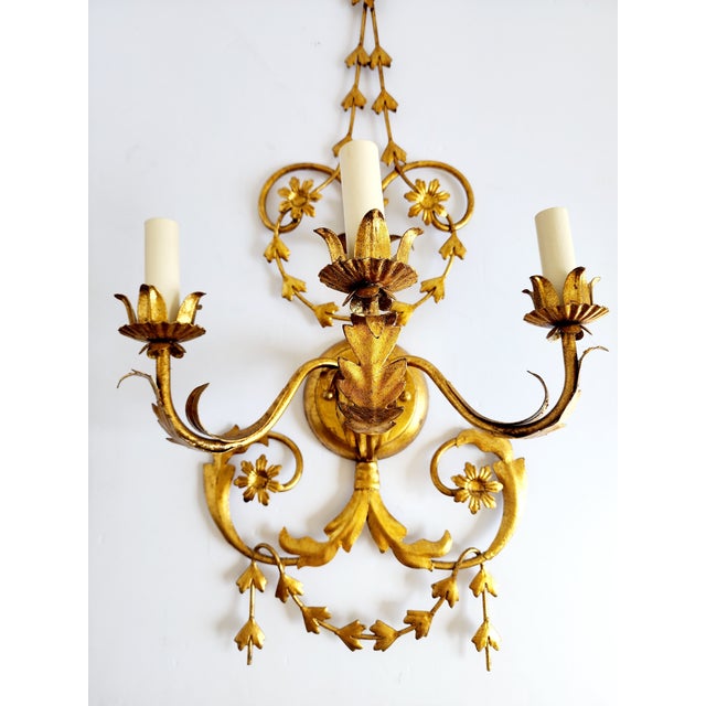 English Vaughan Lighting Adam Style Gilt Metal 3 Lights Wall Sconces- A Pair For Sale - Image 3 of 12