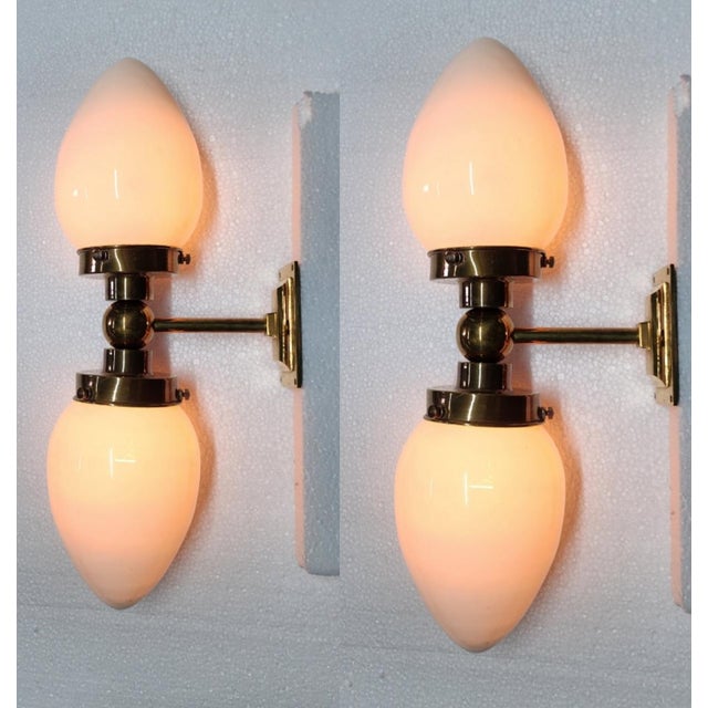 1940s Pair Vintage Art Deco Light Old Lamp Wall Sconces Fixture Brass & Milk Glass Shade Ship Light For Sale - Image 4 of 4