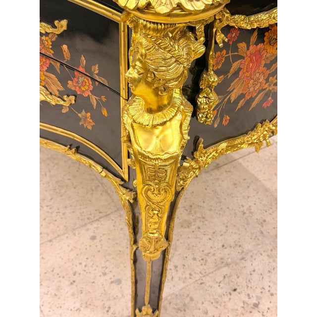 Wood 1960s Museum Quality Rococo Marquetry Secretary Black & Gold Writing Bureau For Sale - Image 7 of 10