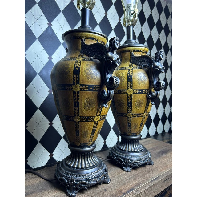 Vintage Neoclassical-Style Figural Urn Table Lamps With Winged Figures - Pair For Sale - Image 10 of 18