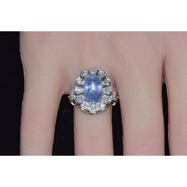 Gia Certified Natural 4cts vs F Diamond No Heat Violet Sapphire 18k Gold Art Deco Etruscan Halo Ring, Size 5.5 For Sale - Image 4 of 10