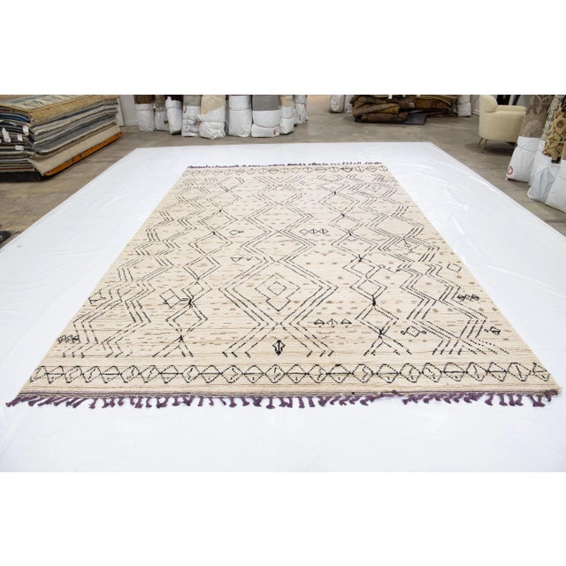 Contemporary Moroccan Style Handmade Ivory Wool Rug With Tribal Design For Sale - Image 4 of 13