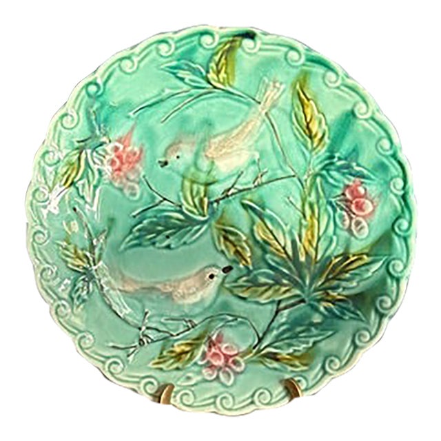 Antique Continental Majolica Bird Plate For Sale