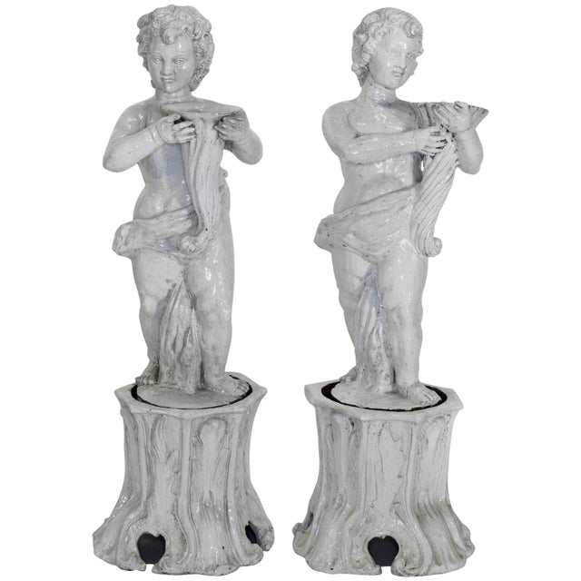 Pair of 19th Century Italian Glazed Terracotta Cherubs on Tree Trunk Pedestals For Sale - Image 9 of 9