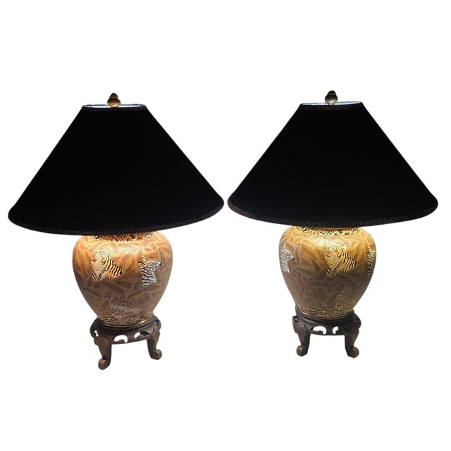 Vintage Oriental Accent Jungle Ginger Jar Table Lamps, Tiger Zebra Leopard — A Pair For Sale - Image 4 of 12
