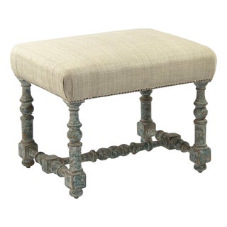 Giselle Olive Stool - Natural Linen / Distressed Teal-Gray Painted Frame For Sale