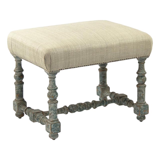 Giselle Olive Stool - Natural Linen / Distressed Teal-Gray Painted Frame For Sale