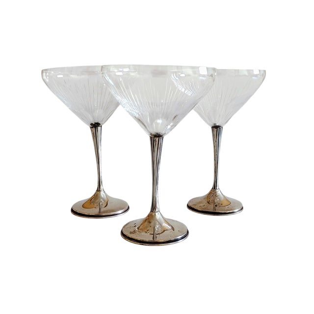Art Deco Sterling Silver and Cut Cristal Handmade Champaign Glasses, Spain, 1940s, Set of 3 For Sale - Image 12 of 18