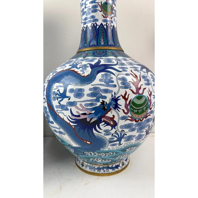 Monumental Pair of Chinese Cloisonne Enamel Blue and White Dragons Vases For Sale - Image 9 of 16
