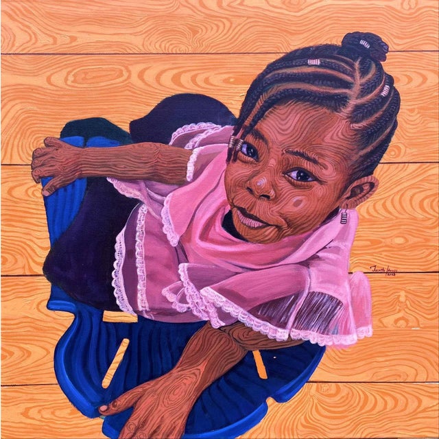 Me Too by Joseph Idowu | Acrylic on canvas Portrait of a girl sitting on a blue chair. For Sale
