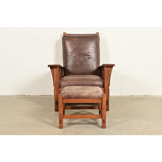 Mission Stickley Mission Oak Arts & Crafts Reclining Morris Lounge Chair With Ottoman For Sale - Image 3 of 14