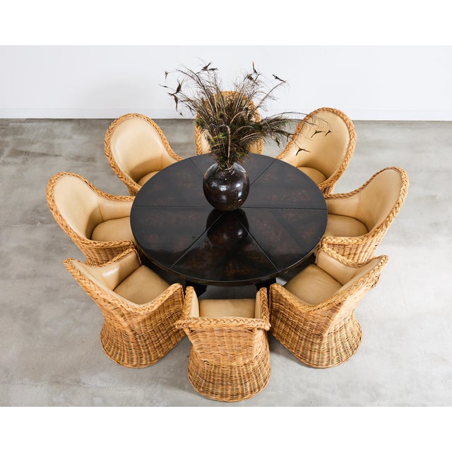 An exceptional bespoke Chinoiserie decorated round dining table designed by L. Rossi, San Fransisco, CA. Known as the...