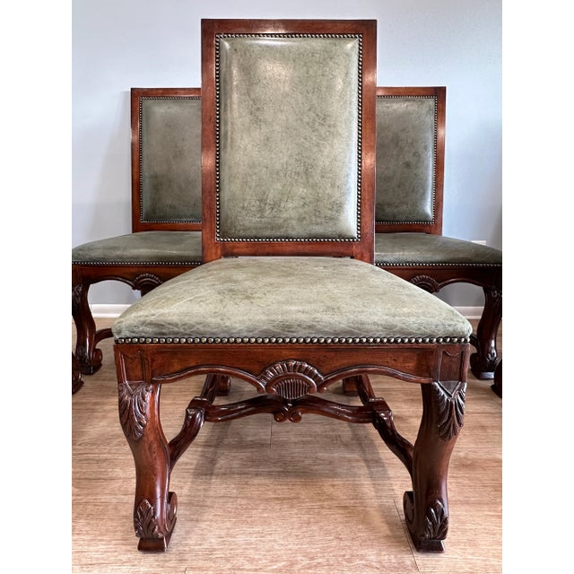 Henredon Furniture Green Leather Side Chairs With Multi-Patterned Striped Upholstered Backs- Set of 8 For Sale In Detroit - Image 6 of 12