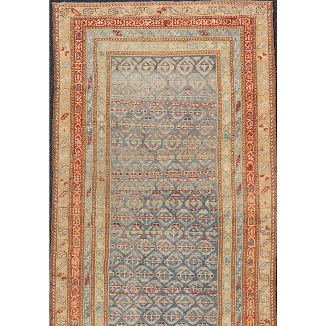 Beige Antique Kurdish Runner With Geometric Motifs and Soft Color Palette 3'6"x10'0" For Sale - Image 8 of 10