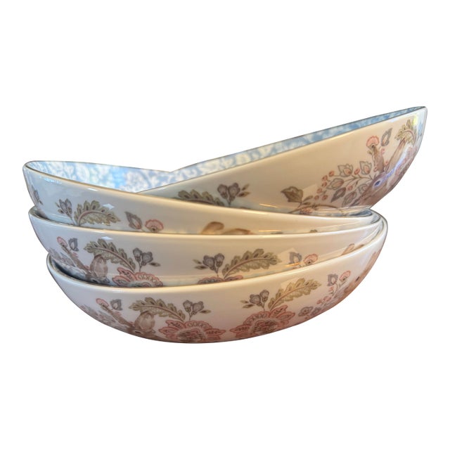 1990s Porcelain Bunny Bowl, Blue Floral Interior, Gold Trim, by Envogue, 8.5" Diameter 4 Pc For Sale