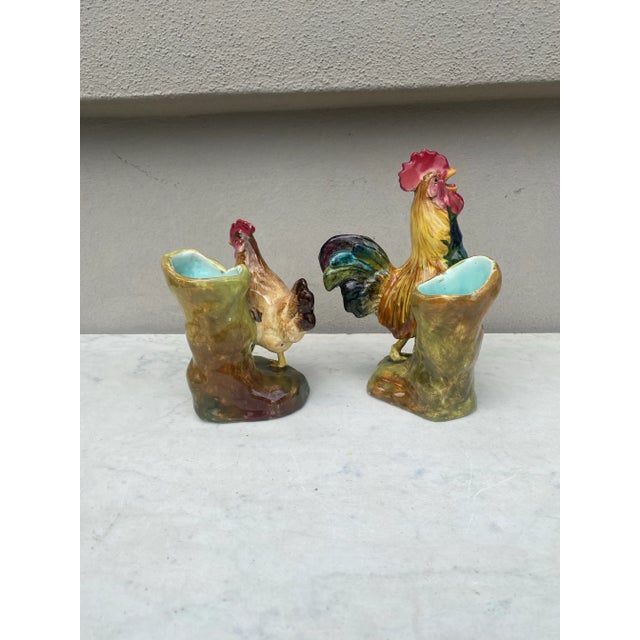 French Country 19th Century Majolica Rooster & Hen Vases Delphin Massier-A Pair For Sale - Image 3 of 13