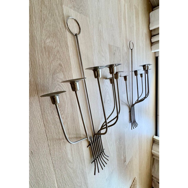 1970s Monumental Mid-Century Modern Silvered Brass 7-Light Candle Sconces, Attributed to Tommi Parzinger – A Pair For Sale In Chicago - Image 6 of 7