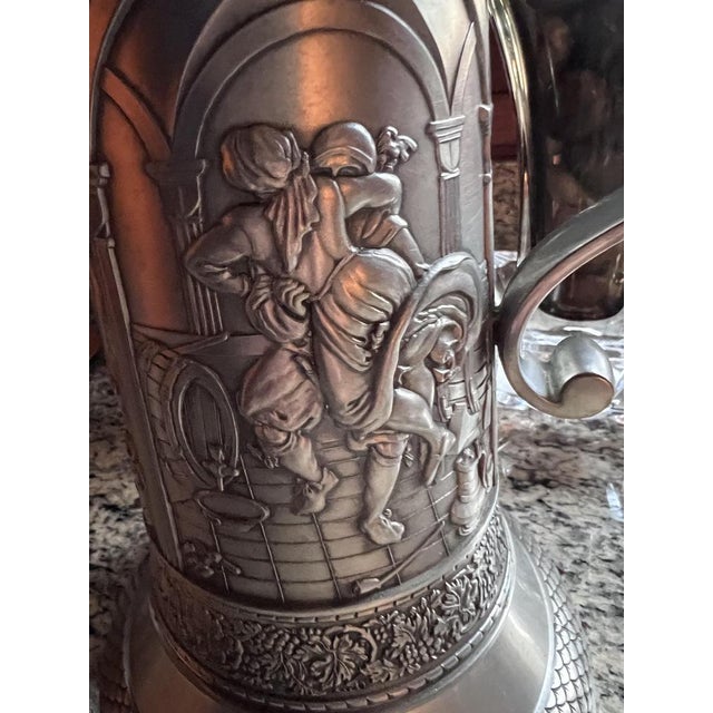 Large Pewter Drinking Set with Medieval Reliefs Pitcher, 1990s, Set of 8 For Sale - Image 6 of 13