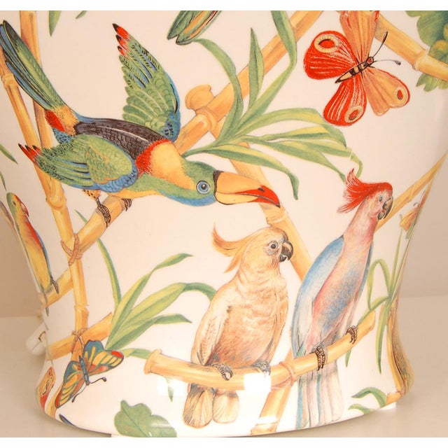 Cream Vintage Italian Table Lamps Ceramic Parrots Birds Green Cream Tall Porcelain Vase Lamps Tariff Free - A Pair For Sale - Image 8 of 12
