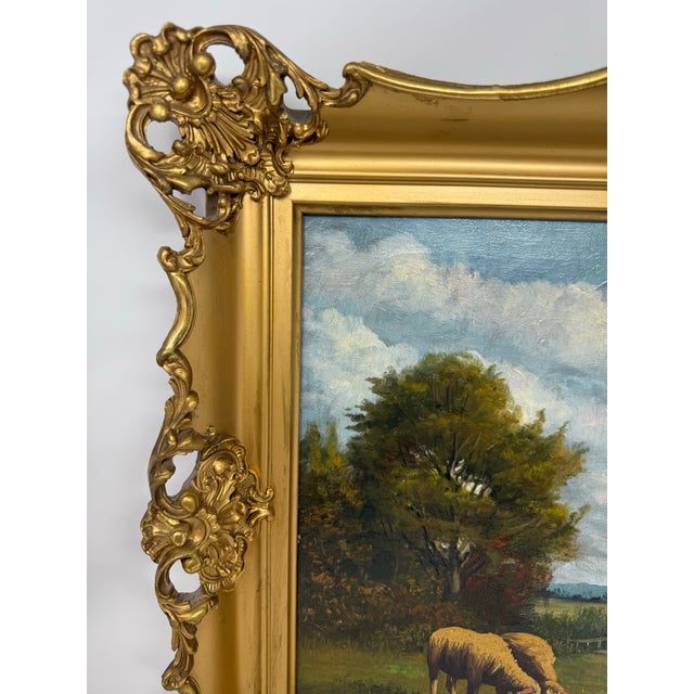 Mid 20th Century Mid 20th Century Signed European Pastoral Oil Painting in Ornate Rococo Gilt Frame With Grazing Sheep For Sale - Image 5 of 12