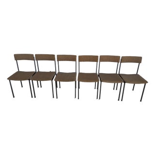 Vintage Industrial School Chairs in Brown Fabric with Black Metal Bases, 1970s, Set of 6 For Sale