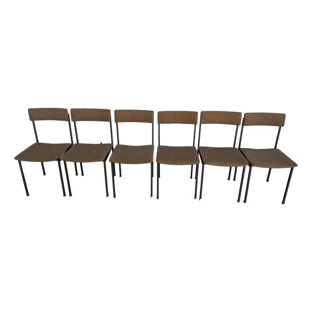 Vintage Industrial School Chairs in Brown Fabric with Black Metal Bases, 1970s, Set of 6 For Sale