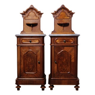 Antique Bedside Tables with Marble Backsplashes and Bases, Late 19th Century, Set of 2 For Sale