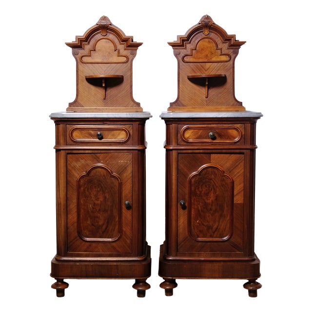 Antique Bedside Tables with Marble Backsplashes and Bases, Late 19th Century, Set of 2 For Sale