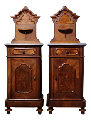 Antique Bedside Tables with Marble Backsplashes and Bases, Late 19th Century, Set of 2