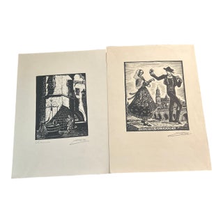 Pair of Circa 1930 Woodcut Engravings by Castells Marti / Hand Signed For Sale