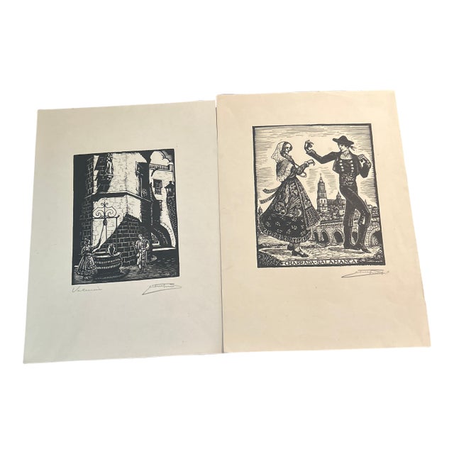 Pair of Circa 1930 Woodcut Engravings by Castells Marti / Hand Signed For Sale