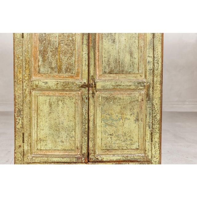 Yellow Distressed Green Painted Indian Cabinet with Paneled Doors and Two Drawers For Sale - Image 8 of 12