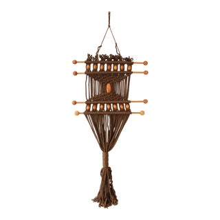 Vintage Macrame Wall Hanging Bohemian Woven Fiber Art Brown Mid Century Textile For Sale