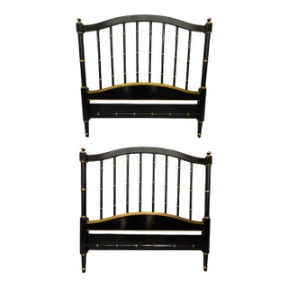 Pair of 1970s Ebony Lacquered Faux Bamboo Headboards With Gilded Gold Trim For Sale