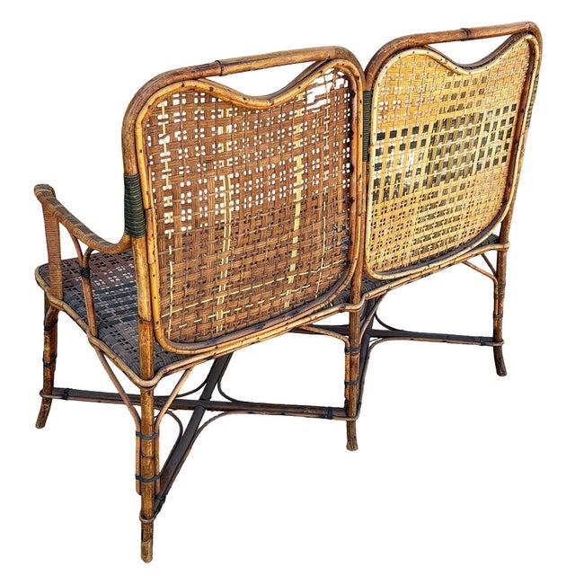 Wood Restored Aesthetic Movement Tiger & Tortoise Bamboo Bench Settee W/ Woven Seat For Sale - Image 7 of 8