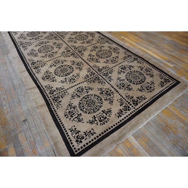 Textile Beige Open Field With Black Diamond Pattern 1890s Antique Chinese Peking Rug For Sale - Image 7 of 9