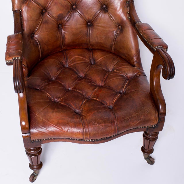 Antique Pair of English Button Tufted Leather Armchairs | Chairish