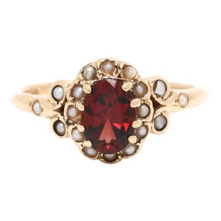 Vintage 1ctw Garnet & Seed Pearl Ring, 14k Yellow Gold, Ring Size 6 For Sale
