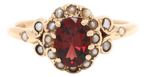 Vintage 1ctw Garnet & Seed Pearl Ring, 14k Yellow Gold, Ring Size 6