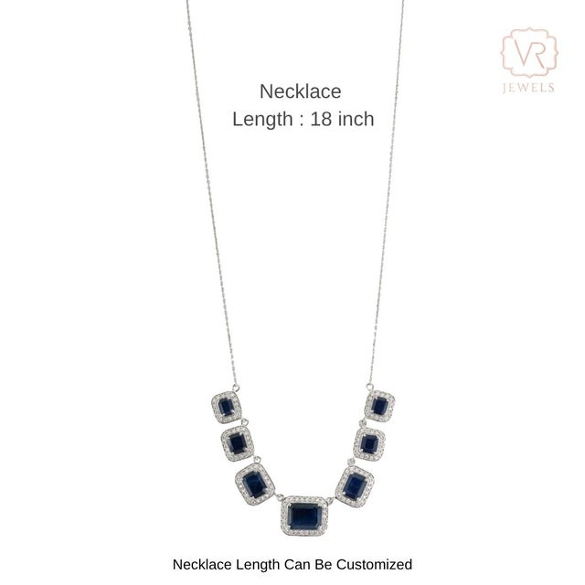7.3ct Emerald-Cut Blue Sapphire Diamond Halo Station Necklace in 14k White Gold For Sale - Image 12 of 18