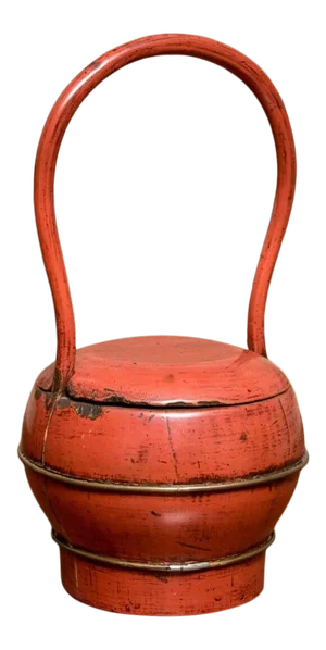 Antique Chinese Red Lacquer Covered Wedding Basket