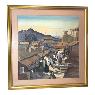 Vintage Original Stylized Village City Landscape Scene Gouache Painting 25 Inch For Sale