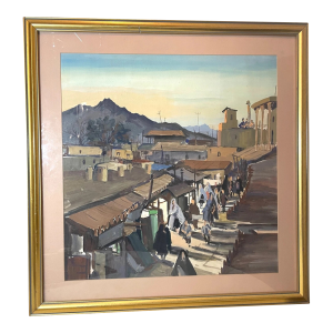 Vintage Original Stylized Village City Landscape Scene Gouache Painting 25 Inch