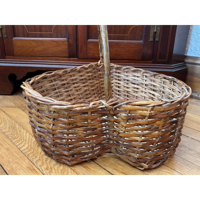 Wood Large Antique Heart-Shaped Bamboo Basket With Handle For Sale - Image 7 of 10
