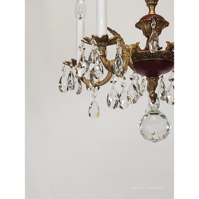 Antique 5 Arm Petite Oxblood Empire Brass Cut Lead Glass Crystal Chandelier For Sale - Image 11 of 18