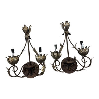 Silver-Leaf and Copper Tone Metal Two Arms Wall Sconces - Set of 2 For Sale
