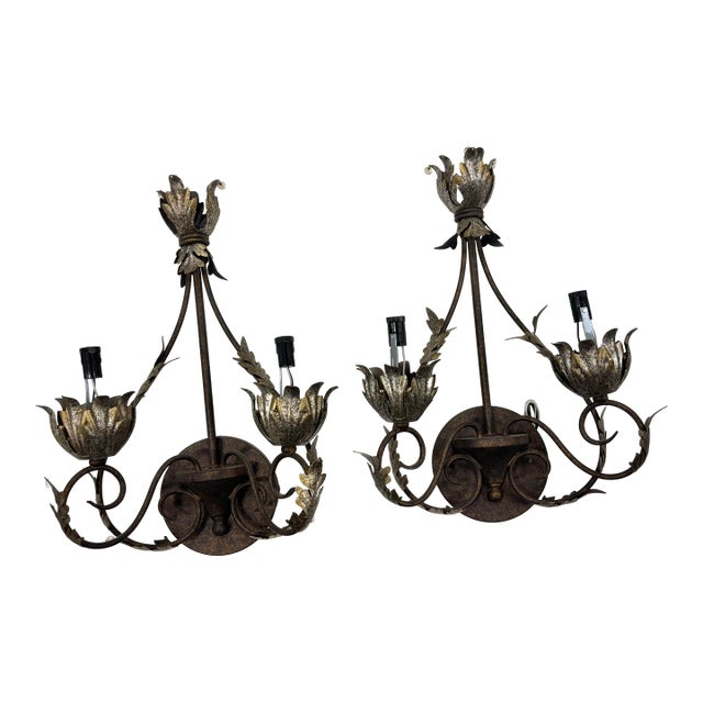 Silver-Leaf and Copper Tone Metal Two Arms Wall Sconces - Set of 2 For Sale