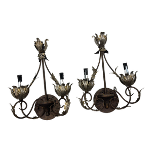 Silver-Leaf and Copper Tone Metal Two Arms Wall Sconces - Set of 2