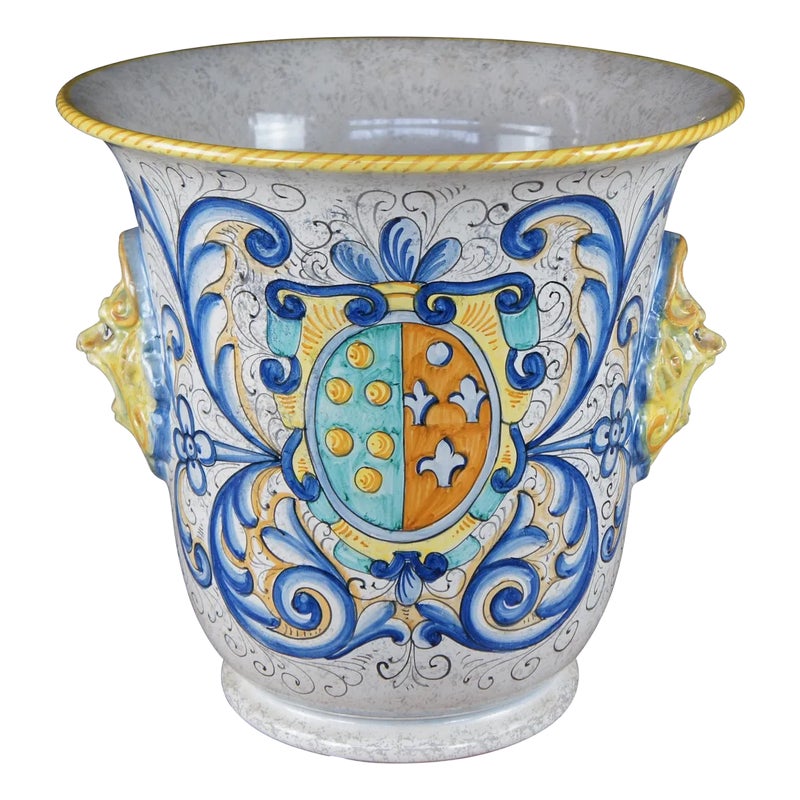 Late 20th Century Italian Artistica Deruta Hand Painted Figural Majolica Cache Pot Jardinière